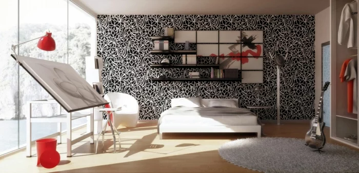 Muster in Schwarz-Weiß wandgestaltung mit Farbe einrichtungsbeispiele schwarz weiß wohnzimmer einrichten weiss schwarz