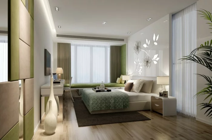 weißes schlafzimmer grüne akzente bodenvasen dekoideen