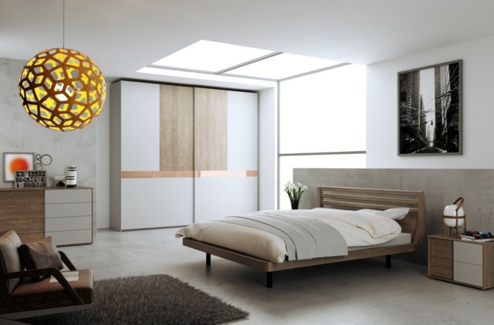 weißes schlafzimmer helle bodenfliesen cooler leuchter moderner kleiderschrank