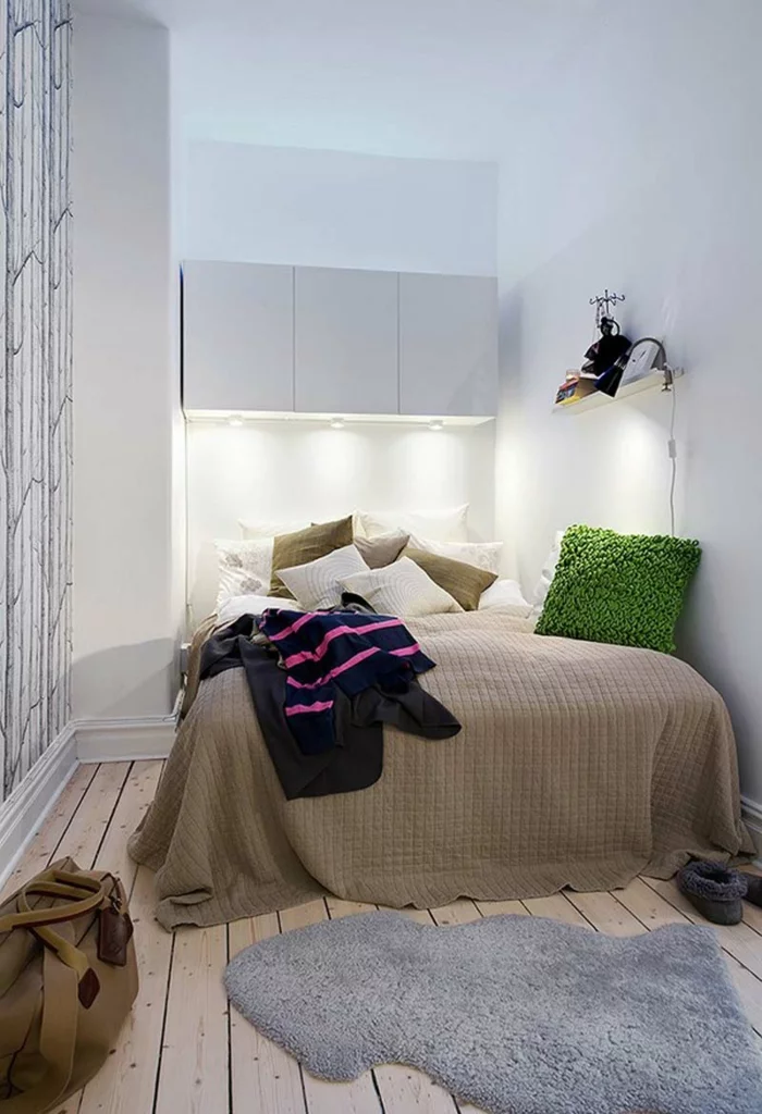 wohnideen achlafzimmer kleines schlafzimmer einrichten teppich wandtapete holzboden