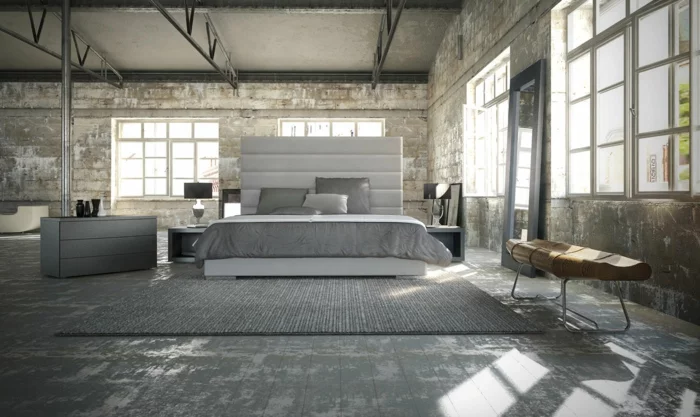 wohnideen schlafzimmer grauer teppich industrieller look