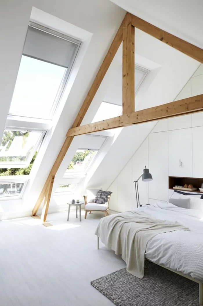 wohnideen schlafzimmer skandinavisher stil holzbalken stauraum