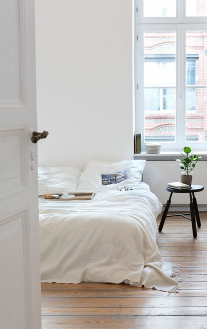 wohnideen schlafzimmer weiße wände holzboden skandinavisch