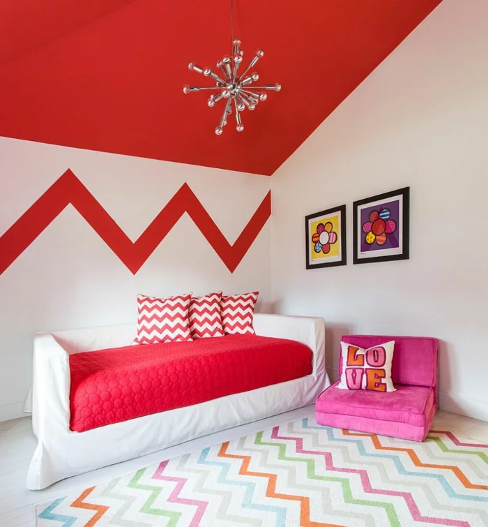 wohnung dekorieren kinderzimmer coole wandgestaltung teppichmuster rote akzente