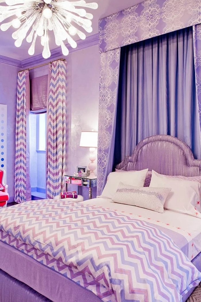 wohnung dekorieren schlafzimmer zig zagmuster lila akzente