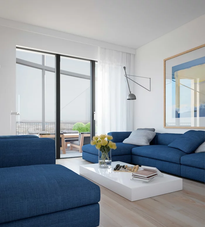 wohnung einrichten ideen wohnzimmer blaue sofas