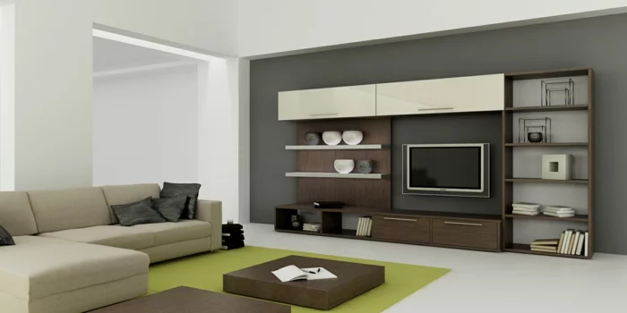 wohnzimmer einrichten beispiele grüner teppich wohnwand ecksofa