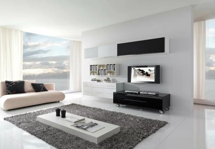 wohnzimmer einrichten beispiele minimalistische einrichtung grauer teppich