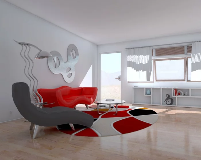 wohnzimmer einrichten beispiele rotes sofa grauer sessel runder teppich