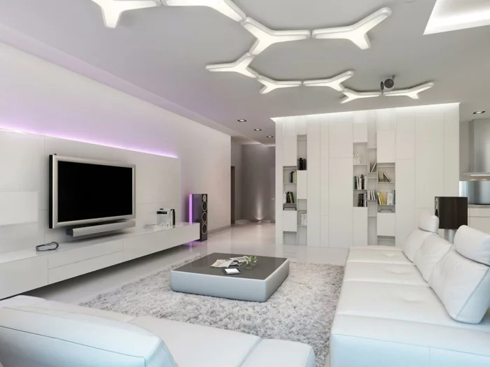 wohnzimmer einrichten ideen cooler couchtisch weiße möbel led beleuchtung