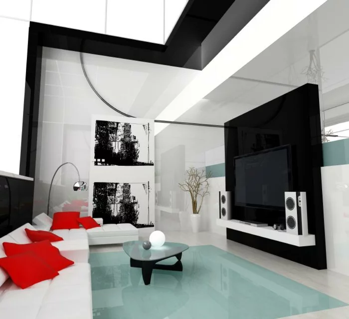 wohnzimmer einrichten ideen weißes ecksofa rote dekokissen schwarze elemente