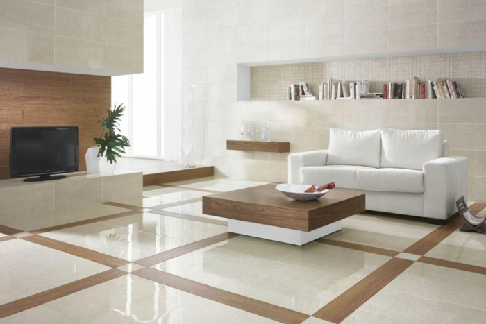 wohnzimmer fliesen holztextur weißes sofa minimalistisch