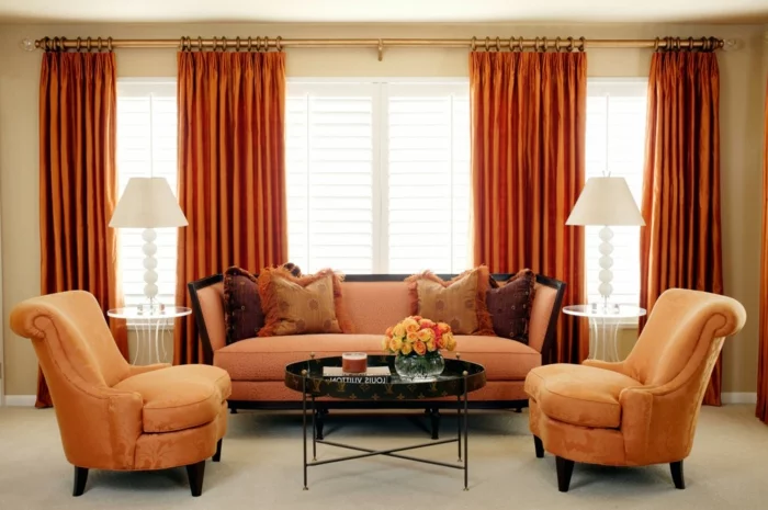 wohnzimmer gardinen orange frisch hellorange möbel teppichboden