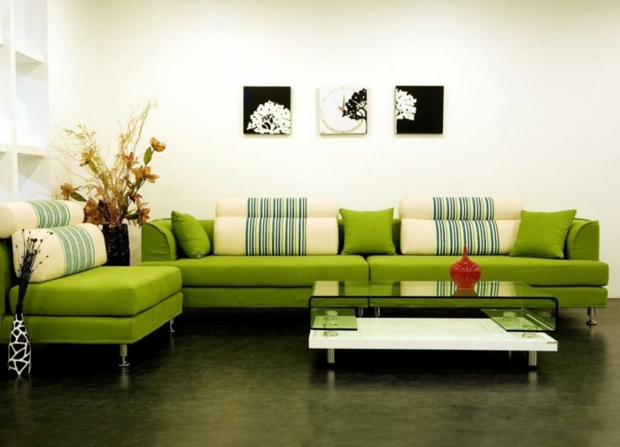 wohnzimmer sofa grün glastisch dekoideen
