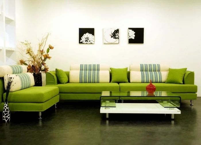 wohnzimmer sofa grün glastisch dekoideen
