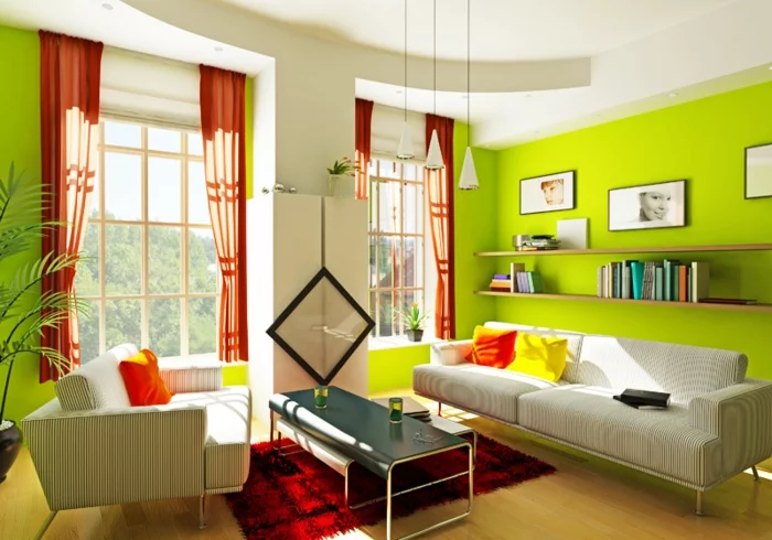 wohnzimmer wandgestaltung grüne wände orange gardinen roter teppich