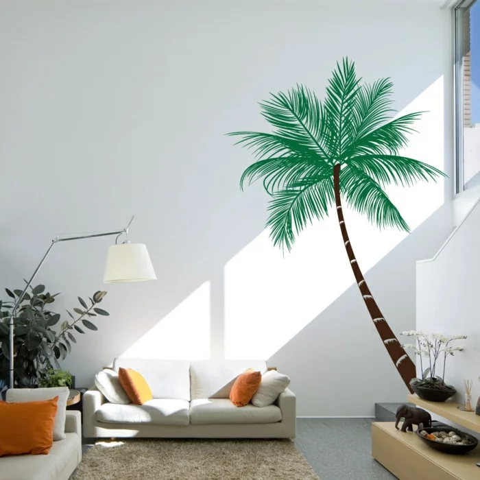 wohnzimmer wandgestaltung weißes sofa wandsticker pflanzen