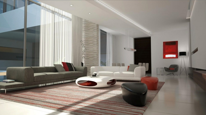 wohnzimmereinrichtung ideen rote akzente weißes sofa streifenteppich