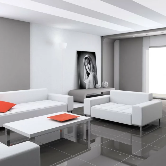 glänzende Wohnzimmer Fliesen in Grau und weiße Wohnzimmermöbel