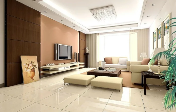 große Wohnzimmer Fliesen in Creme und schlichte Möbel in neutralen Farben 