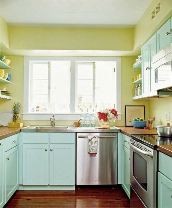 wände streichen ideen küche gelbe wände hellgrüne küchenschränke