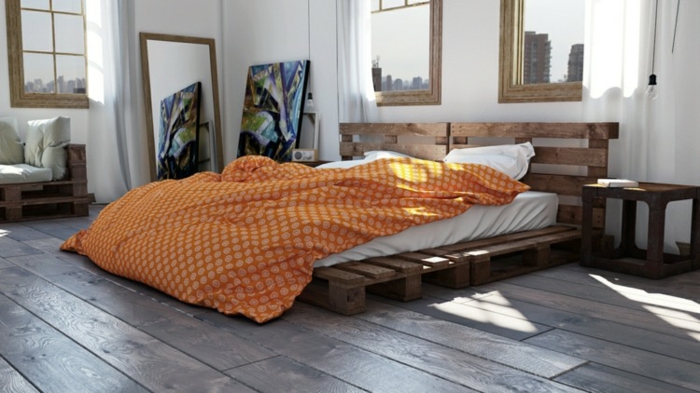 Bett aus paletten sofa aus paletten paletten bett möbel aus paletten orange schlafzimmer ideen 