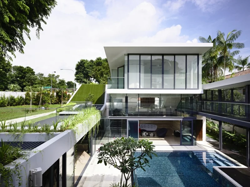 Moderne Häuser bauen Architektenhäuser Dachterrasse Begrünung Gartenpool