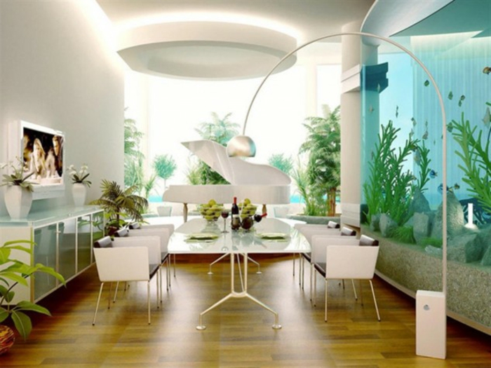 aquarium eirichten design atmosphäre einrichtungsbeispiele wandgestaltung weißes violett