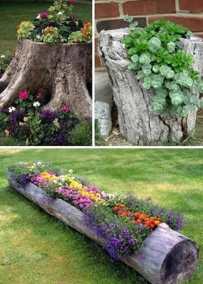 DIY Deko Ideen - Baumstümpfe verschiedener Form mit Blumen
