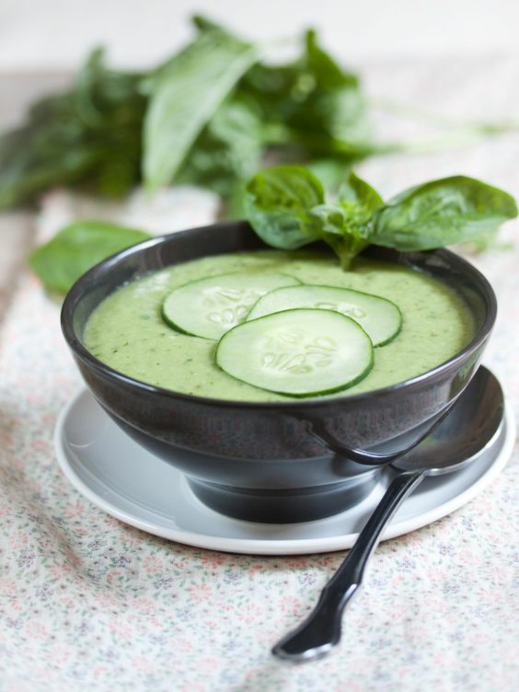 gesundes Essen kalte Suppen Gurkensuppe mit Basilikum