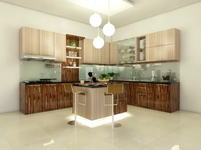 moderne küchen küchenschränke holztextur bodenfliesen beleuchtete kücheninsel