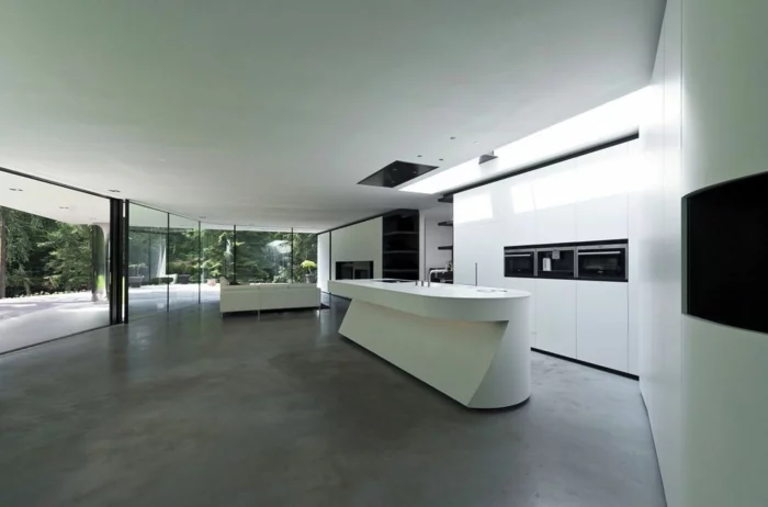 moderne küchen mininalistisch futuristisch grauer boden weiße möbel