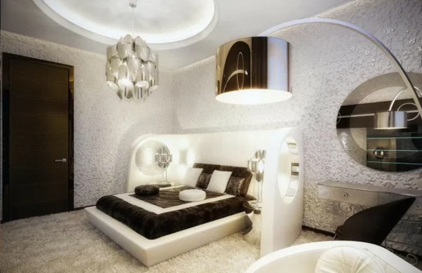 schlafzimmer einrichten doppelbett bogenlampe kronleuchter teppichboden
