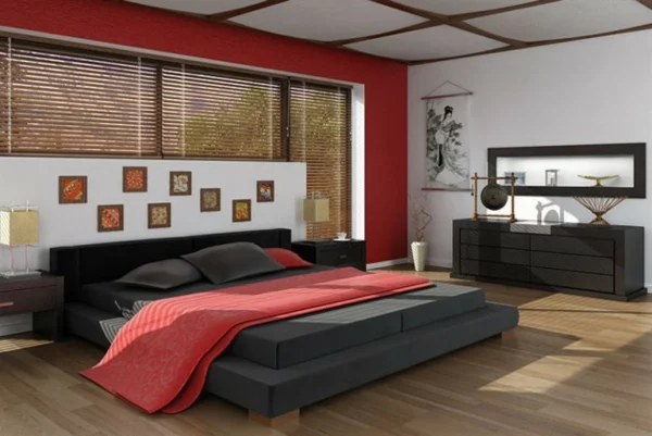 schlafzimmer einrichten japanisches design doppelbett kommode feng shui