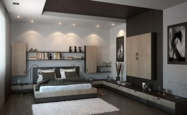 schlafzimmer einrichten neutrale farben einbauleuchten doppelbett wandregale
