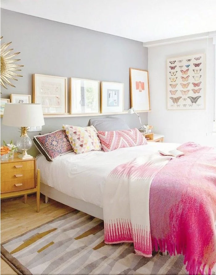 schlafzimmer einrichten pastellfarben goldene elemente hellgraue wände