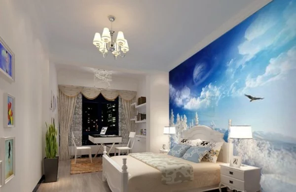 schlafzimmer einrichten wandtapete wandgestaltung weißes doppelbettn nachttisch