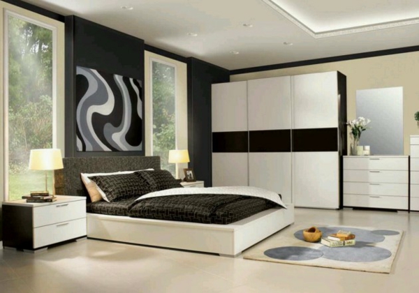 schlafzimmer einrichten weiße schränke abstrakte wandkunst teppich nachtkonsole