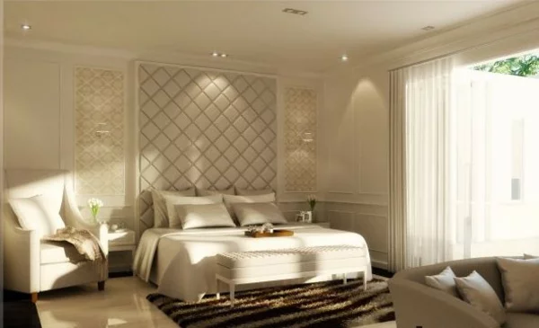 schlafzimmer einrichten weiße wandfarben möbel sessel doppelbett kissen teppich