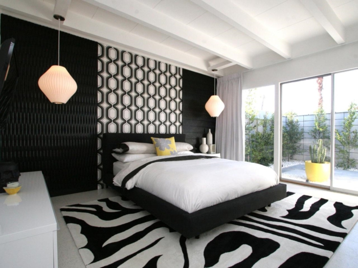 schlafzimmer schwarz weiß muster hängelampen