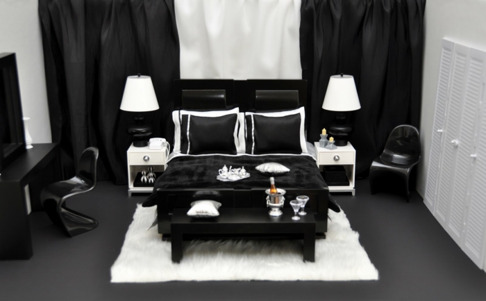 schlafzimmer schwarz weiß teppich farbkontraste