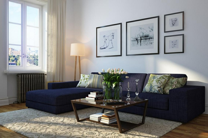 sofa blau eleganter teppich wohnzimmer einrichten tulpen