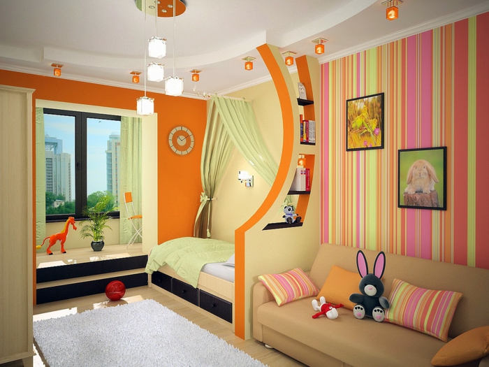 wohnideen kinderzimmer bereiche orange wände weißer teppich pendelleuchten