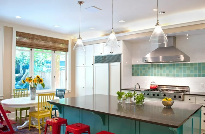 wohnideen küche fliesen farbige küchenmöbel offener wohnplan
