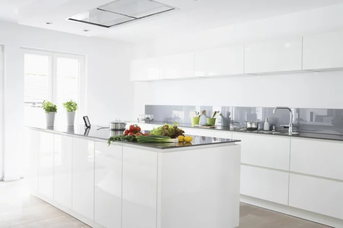 wohnideen küche weiße kücheninsel moderne küchenrückwand pflanzentöpfe
