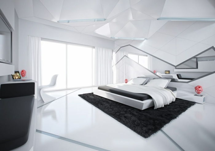 wohnideen schlafzimmer futuristsch schwarzer teppich weißer boden