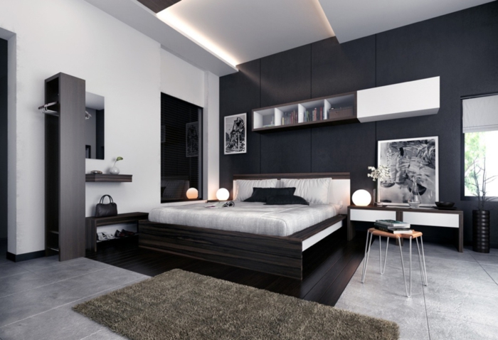 wohnideen schlafzimmer schwarz weiß teppichläufer leuchten weiße wände schwarze akzentwand