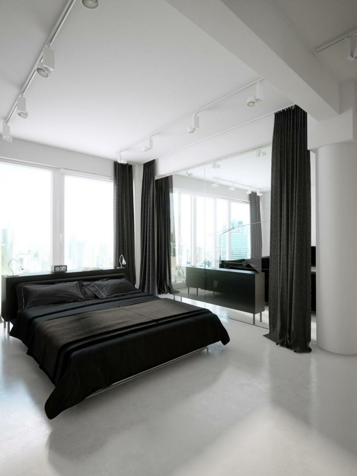 wohnideen schlafzimmer schwarze bettwäsche gardinen weißer boden spiegel