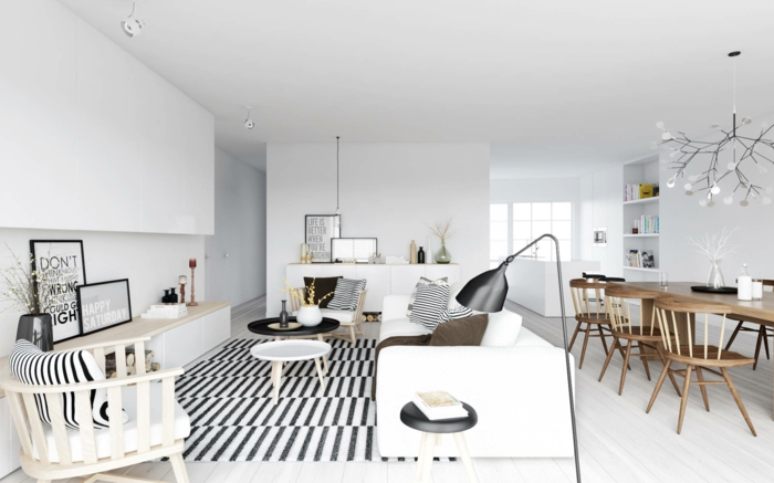 wohnzimmer couch streifenteppich skandinavischer stil