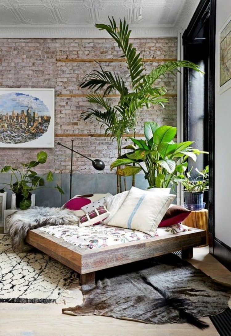 Feng Shui Schlafzimmer einrichten Zimmerpflanzen Backsteinwand